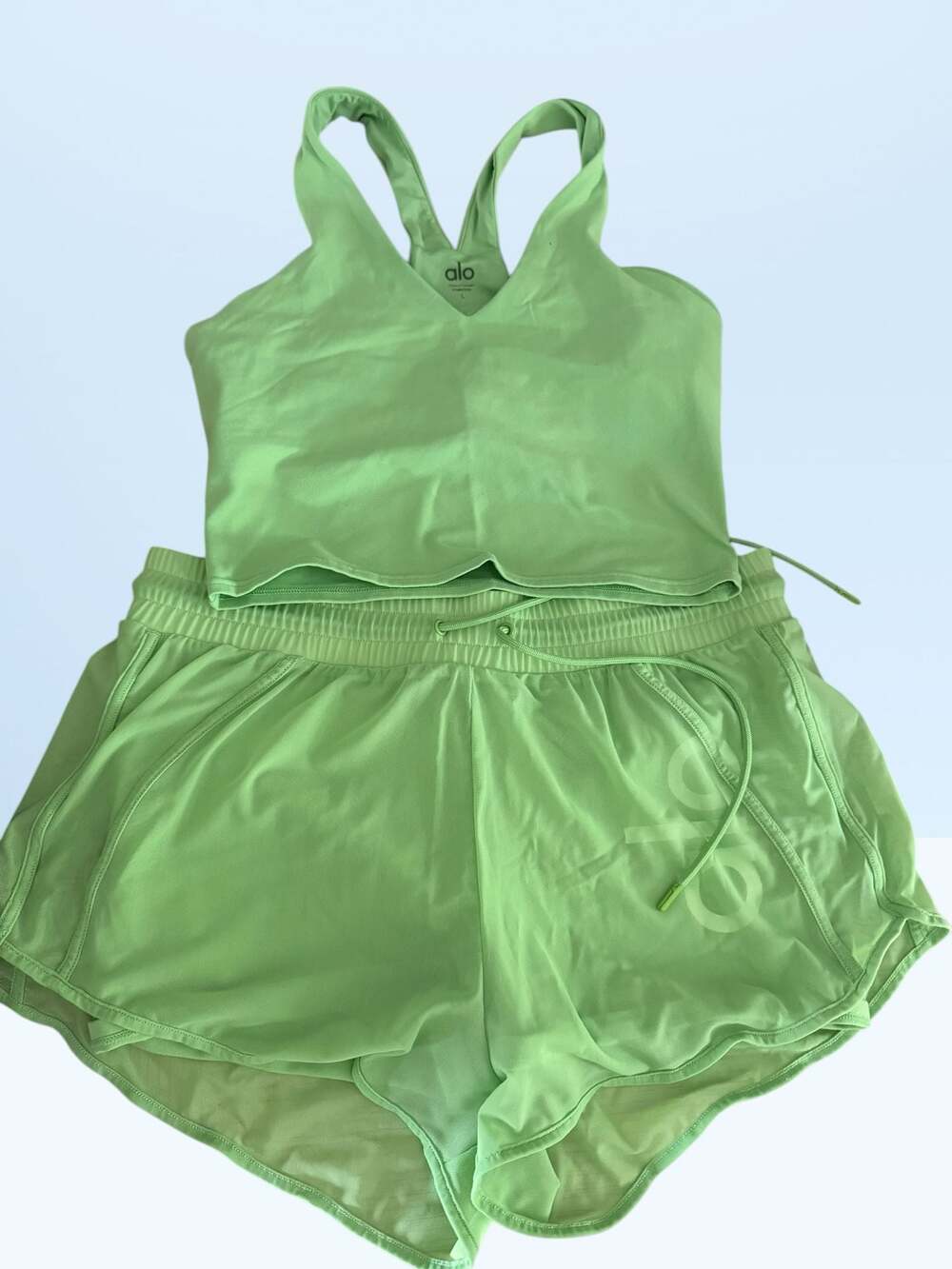 Alo Yoga Lime Green Real Bra Tank and Ruffled Running Shorts Activewear Set